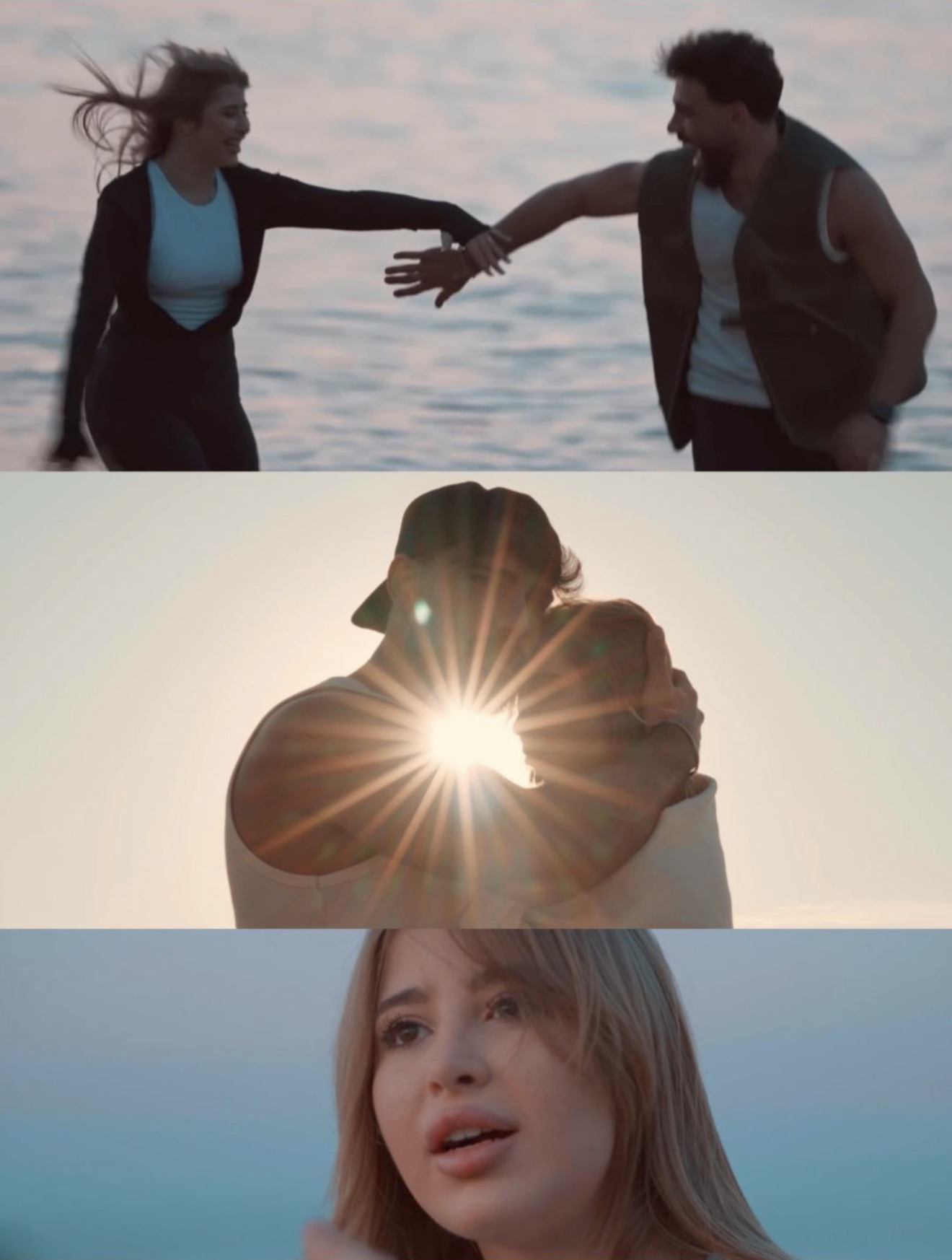 Three film frames: a couple by the sea, an embrace in sunset light, and a close-up portrait