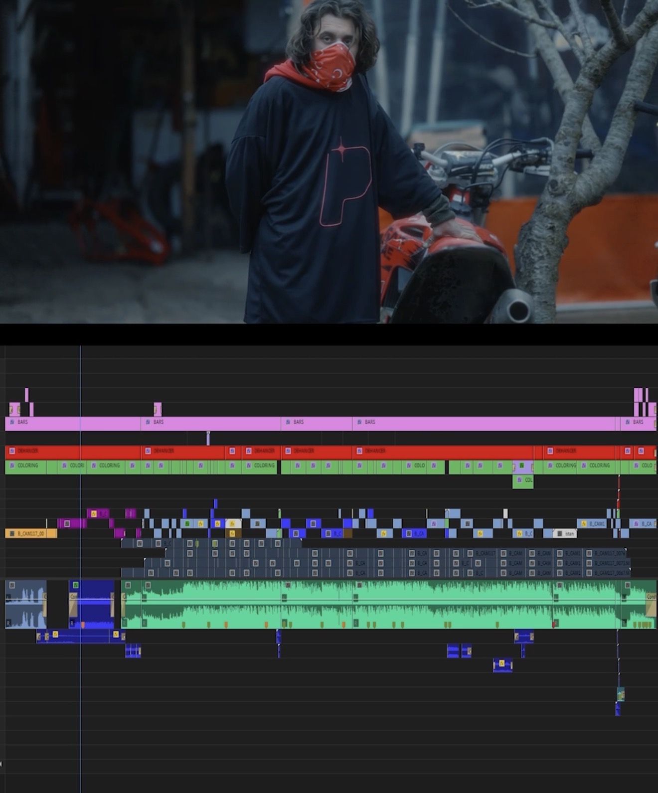 Film frame above a Premiere Pro editing timeline